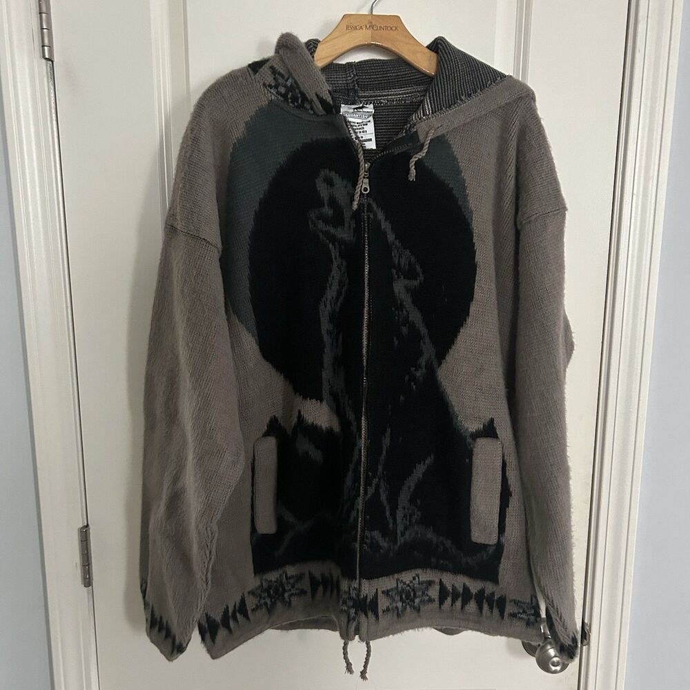 Artesanias Tahuantisuyo Native American Wolf Wool Hooded Zip Sweater Men XL